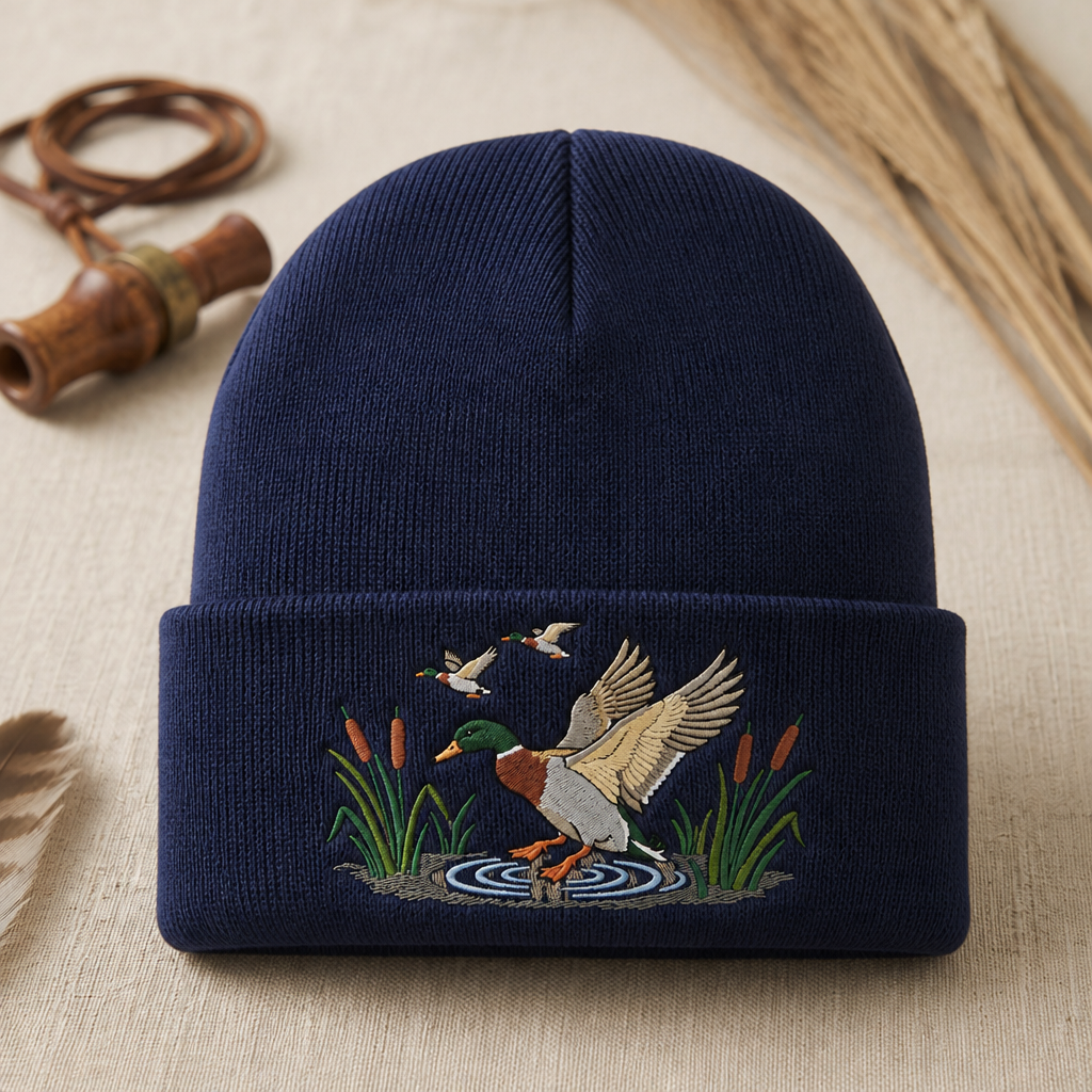 Mallard Duck Landing Cattails Marsh Scene Embroidered Beanie