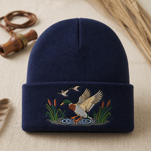 Mallard Duck Landing Cattails Marsh Scene Embroidered Beanie