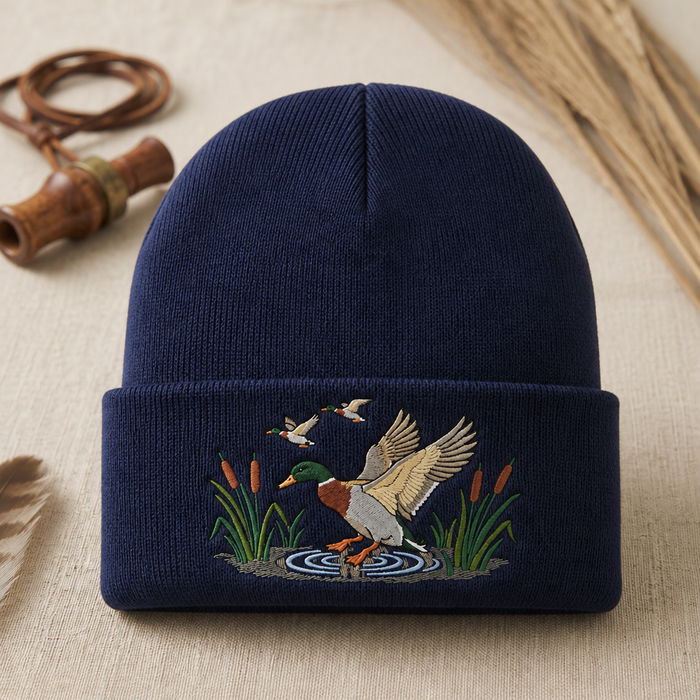 Mallard Duck Landing Cattails Marsh Scene Embroidered Beanie