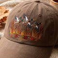 Mallard Ducks Flying Autumn Marsh Cattails Fall Leaves Embroidered Hat — Washed Hat