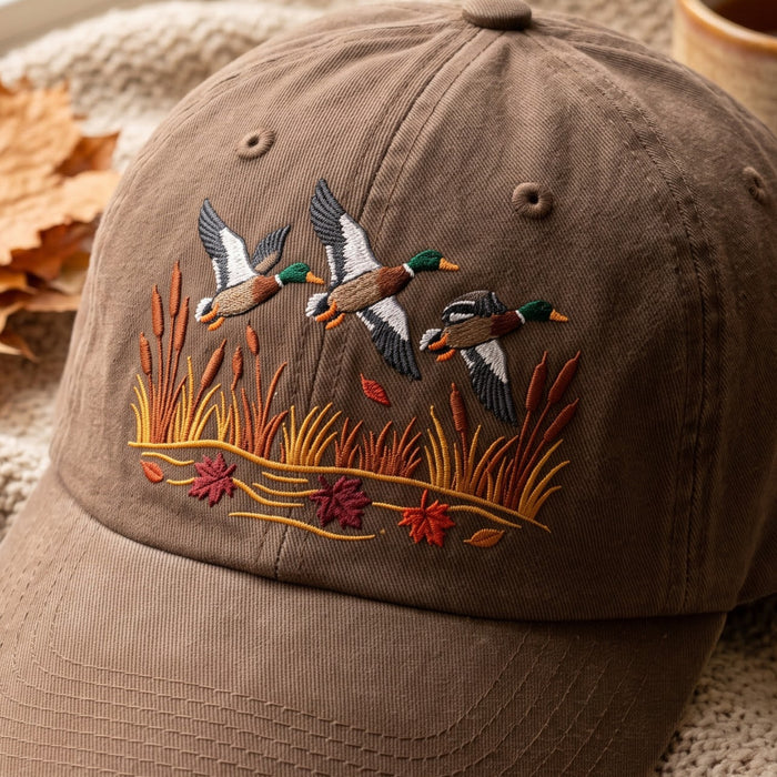 Mallard Ducks Flying Autumn Marsh Cattails Fall Leaves Embroidered Hat