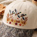 Mallard Ducks Flying Autumn Marsh Cattails Fall Leaves Embroidered Floral & Leopard Brim Hat
