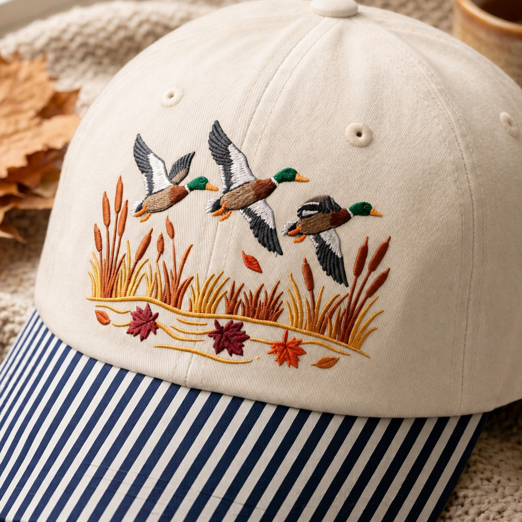 Mallard Ducks Flying Autumn Marsh Cattails Fall Leaves Embroidered Gingham & Stripe Brim Hat