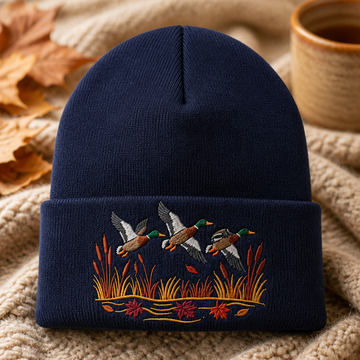 Mallard Ducks Flying Autumn Marsh Cattails Fall Leaves Embroidered Beanie
