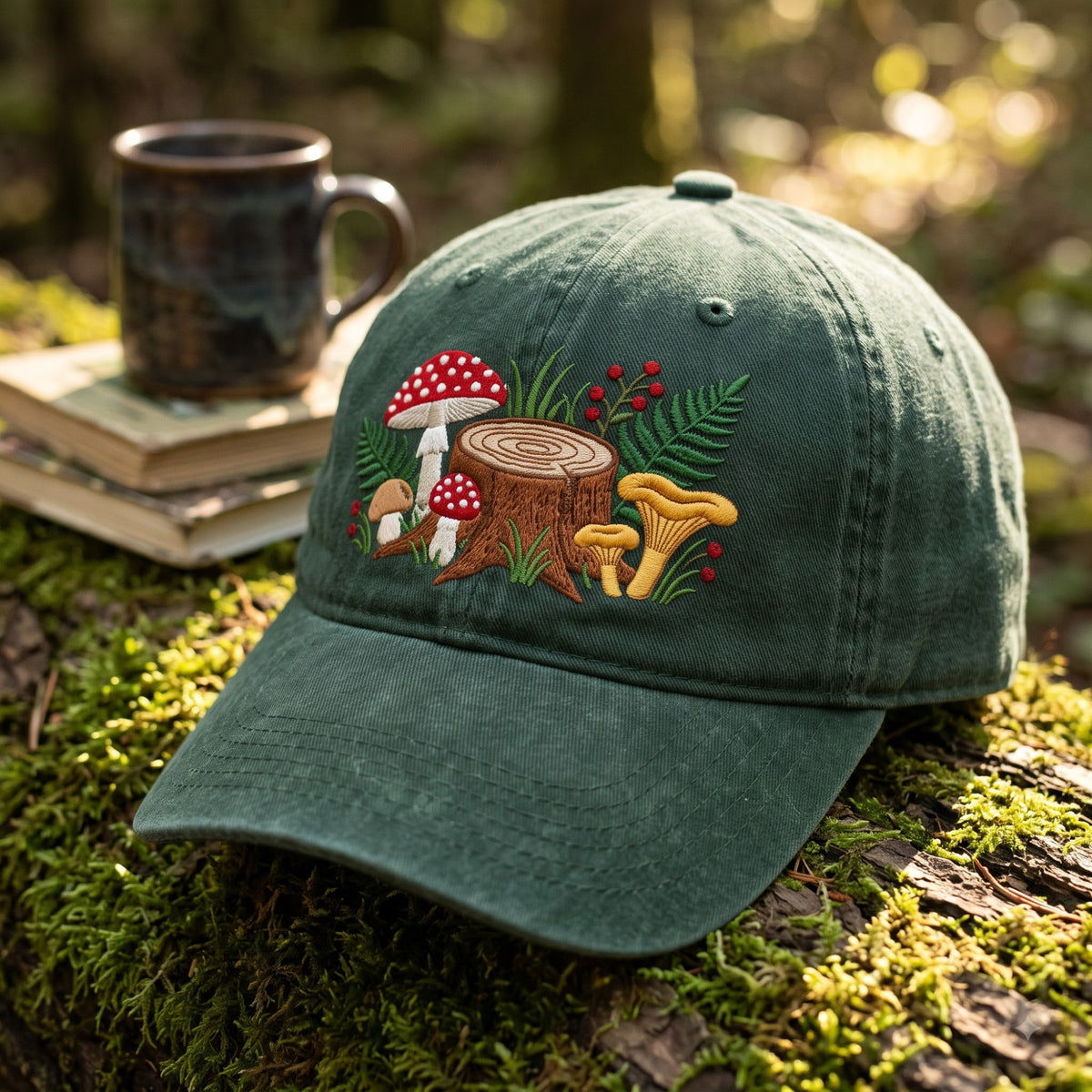 Forest Mushroom Stump Fern Berry Cottagecore Embroidered Hat — Washed Hat
