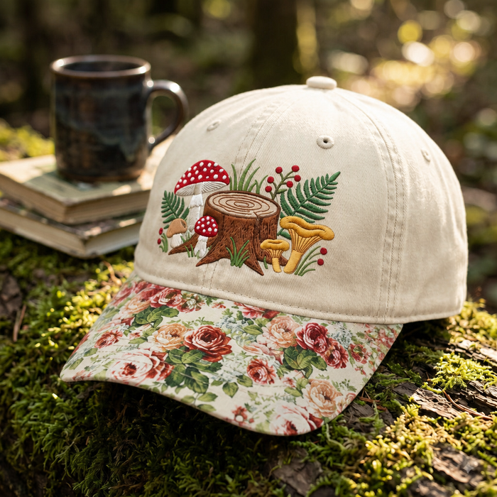 Forest Mushroom Stump Fern Berry Cottagecore Embroidered Floral & Leopard Brim Hat