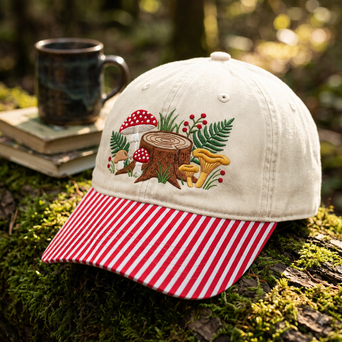 Forest Mushroom Stump Fern Berry Cottagecore Embroidered Gingham & Stripe Brim Hat