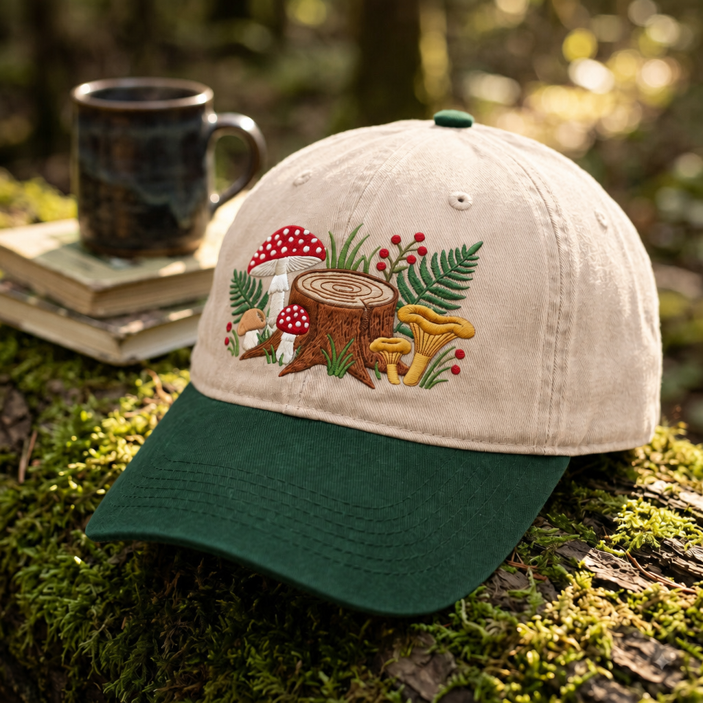 Forest Mushroom Stump Fern Berry Cottagecore Embroidered Two-Tone Hat