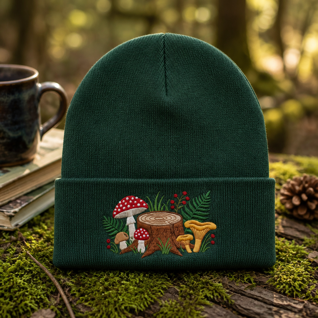 Forest Mushroom Stump Fern Berry Cottagecore Embroidered Beanie