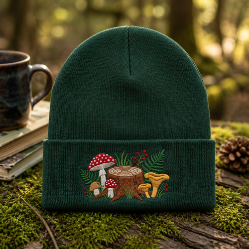 Forest Mushroom Stump Fern Berry Cottagecore Embroidered Beanie