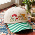 Wild Mushroom Garden Botanical Forager Embroidered Gingham & Stripe Brim Hat