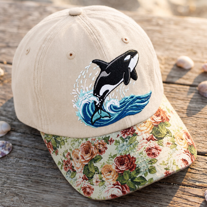 Orca Killer Whale Jumping Ocean Waves Embroidered Floral & Leopard Brim Hat