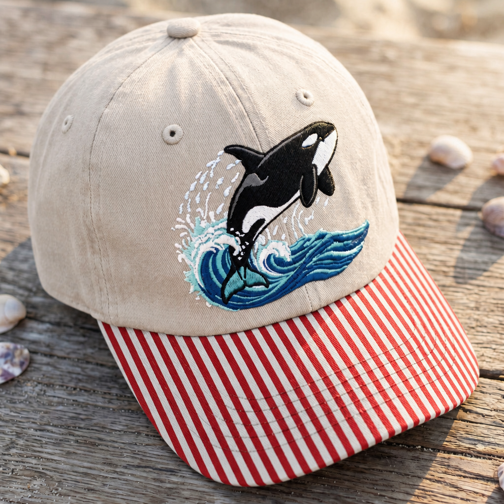 Orca Killer Whale Jumping Ocean Waves Embroidered Gingham & Stripe Brim Hat