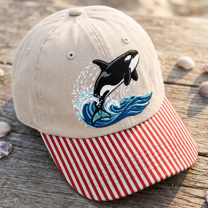 Orca Killer Whale Jumping Ocean Waves Embroidered Gingham & Stripe Brim Hat