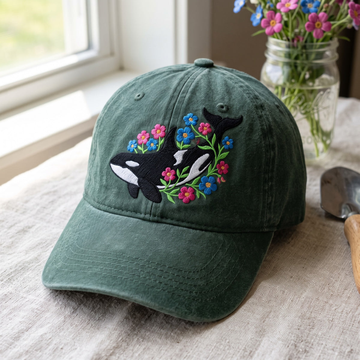 Orca Whale Floral Wildflowers Washed Embroidered Hat — Washed Hat