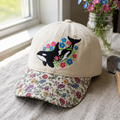 Orca Whale Floral Wildflowers Washed Embroidered Floral & Leopard Brim Hat
