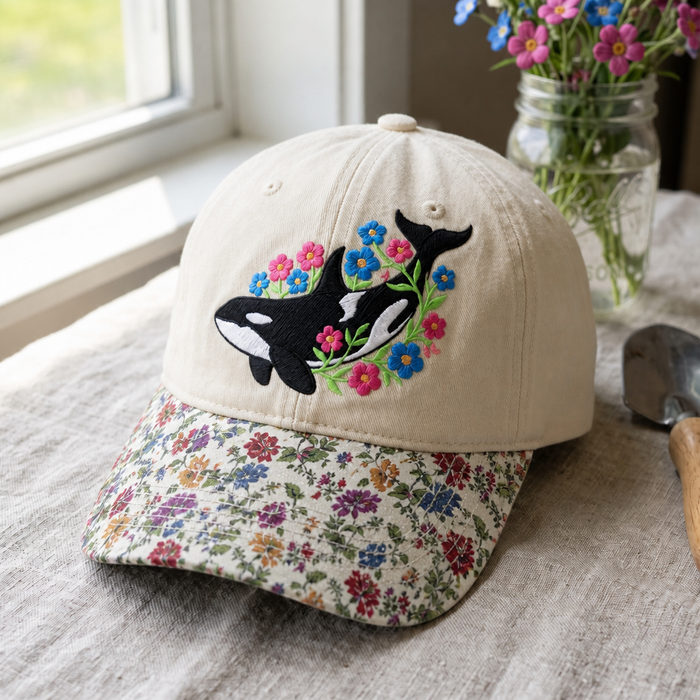 Orca Whale Floral Wildflowers Washed Embroidered Floral & Leopard Brim Hat