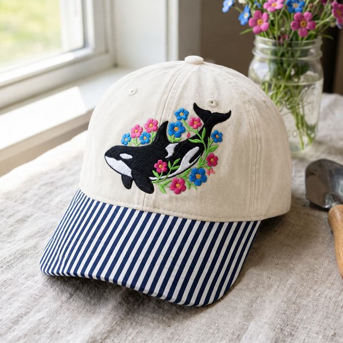 Orca Whale Floral Wildflowers Washed Embroidered Gingham & Stripe Brim Hat