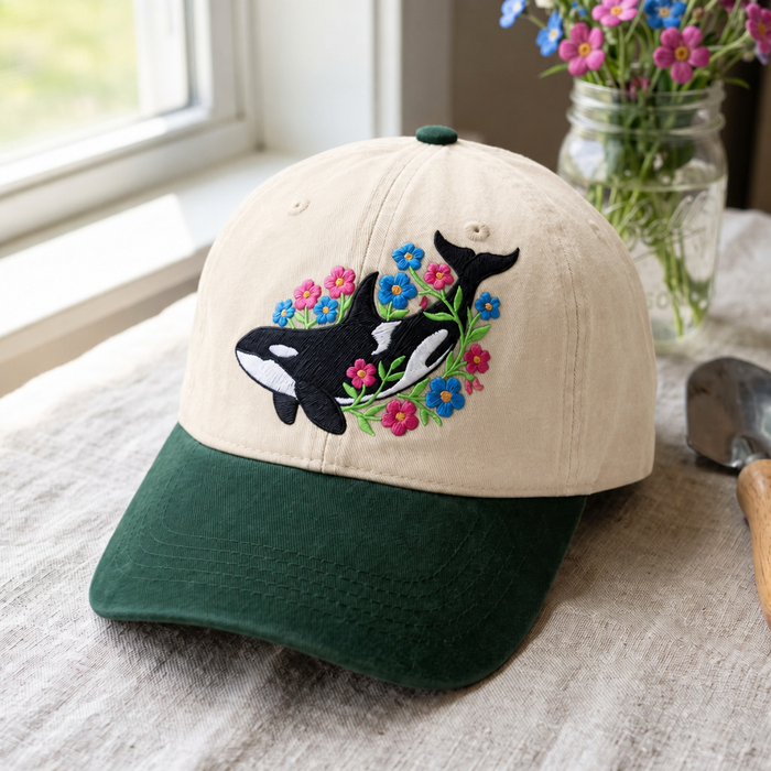 Orca Whale Floral Wildflowers Washed Embroidered Two-Tone Hat