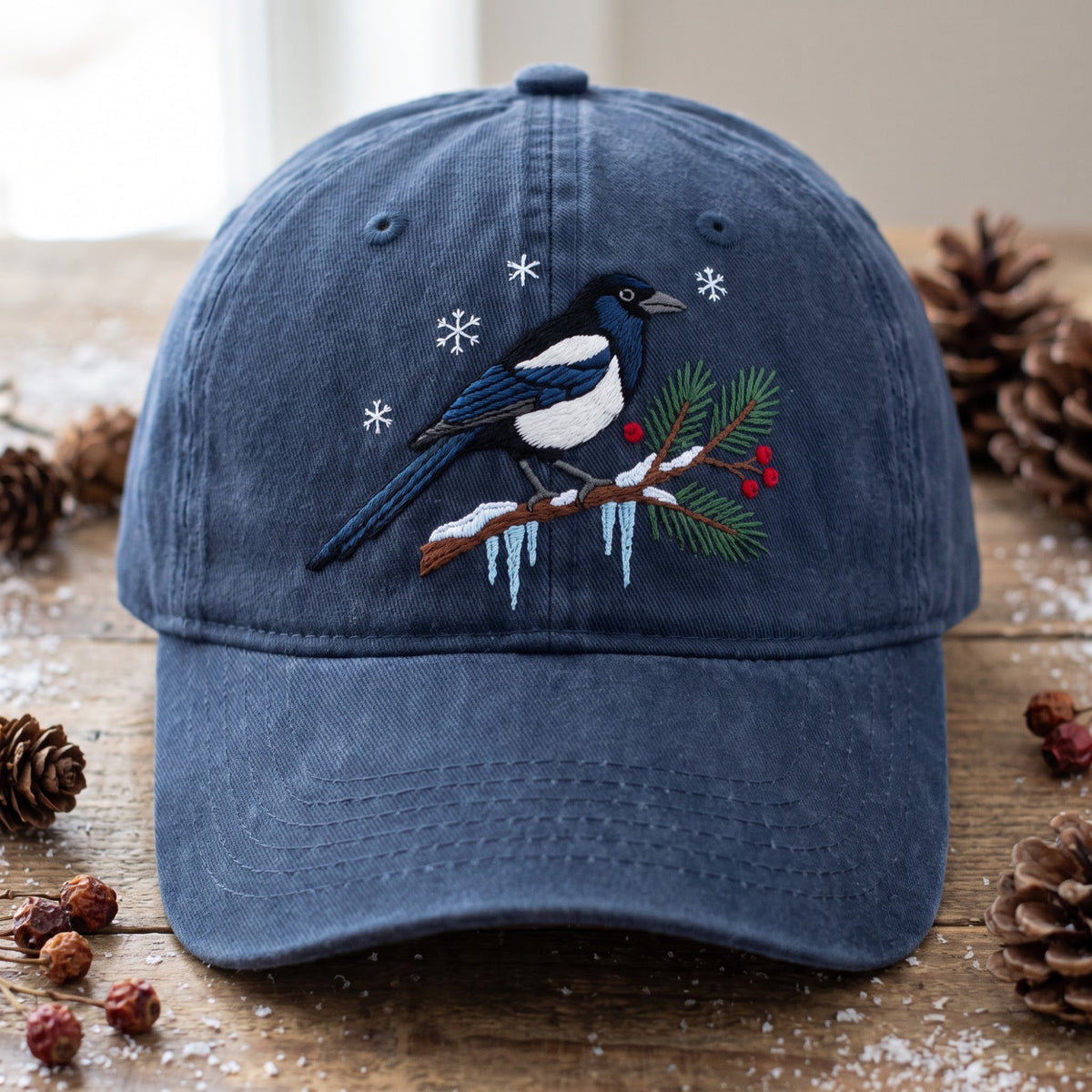 Winter Magpie Snowy Pine Branch Snowflakes Red Berries Icicles Embroidered Hat — Washed Hat