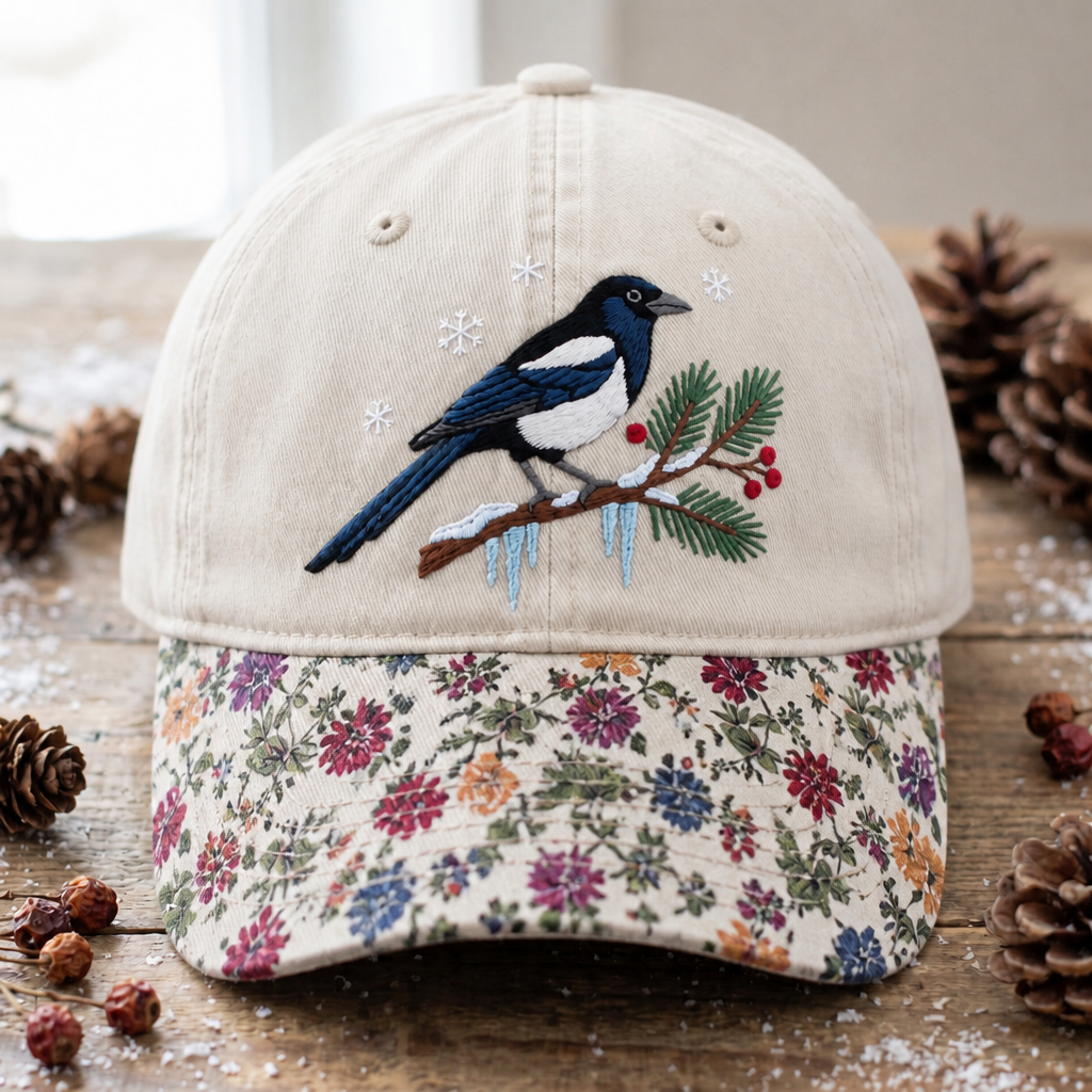 Winter Magpie Snowy Pine Branch Snowflakes Red Berries Icicles Embroidered Floral & Leopard Brim Hat