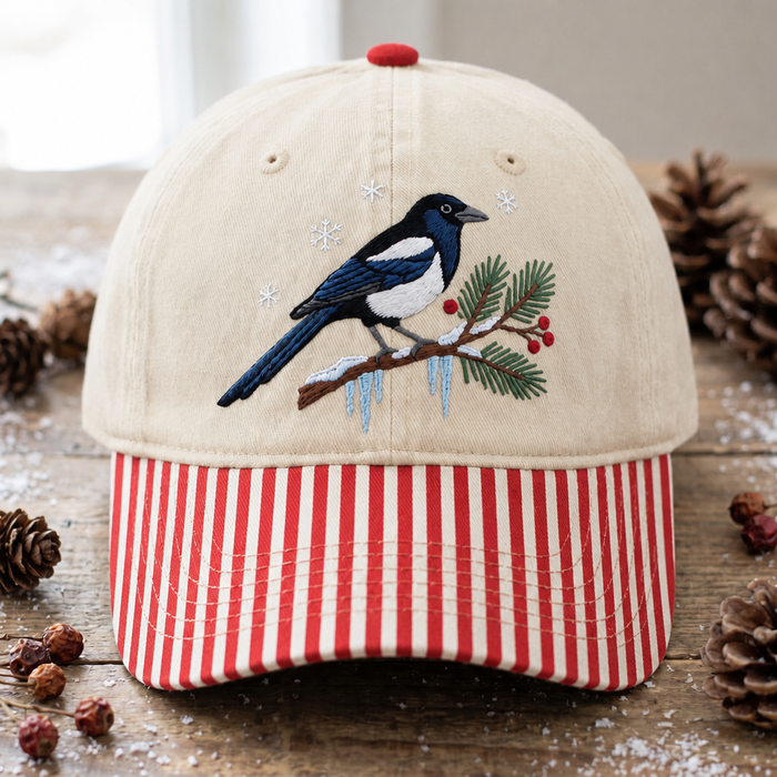 Winter Magpie Snowy Pine Branch Snowflakes Red Berries Icicles Embroidered Gingham & Stripe Brim Hat