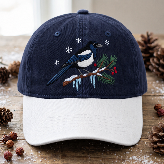 Winter Magpie Snowy Pine Branch Snowflakes Red Berries Icicles Embroidered Two-Tone Hat