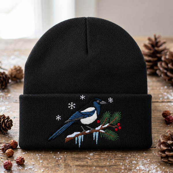 Winter Magpie Snowy Pine Branch Snowflakes Red Berries Icicles Embroidered Beanie
