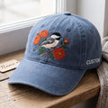 Personalized Chickadee Autumn Chrysanthemum Floral Branch Embroidered Hat — Washed Hat