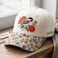 Personalized Chickadee Autumn Chrysanthemum Floral Branch Embroidered Floral & Leopard Brim Hat