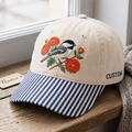 Personalized Chickadee Autumn Chrysanthemum Floral Branch Embroidered Gingham & Stripe Brim Hat