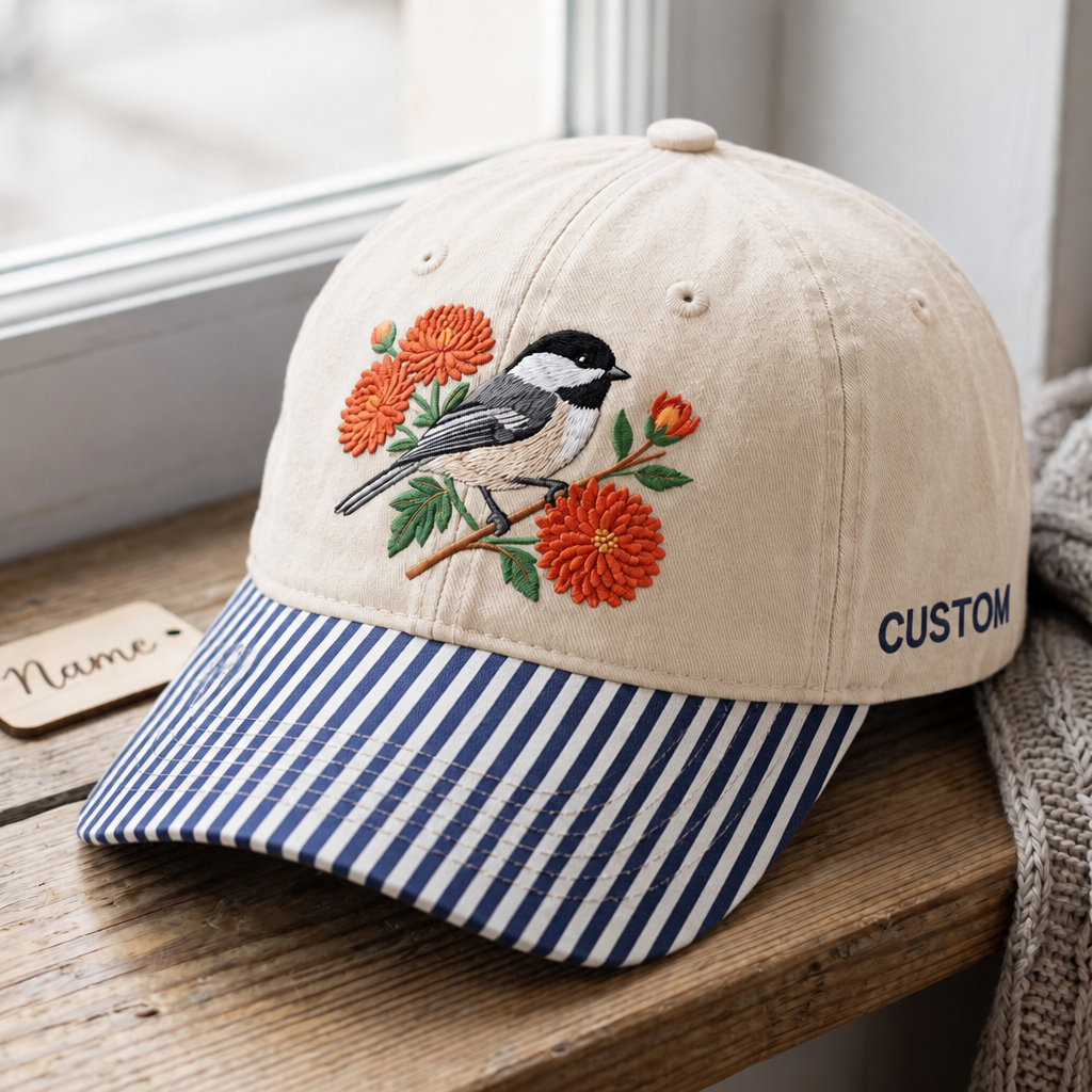 Personalized Chickadee Autumn Chrysanthemum Floral Branch Embroidered Gingham & Stripe Brim Hat
