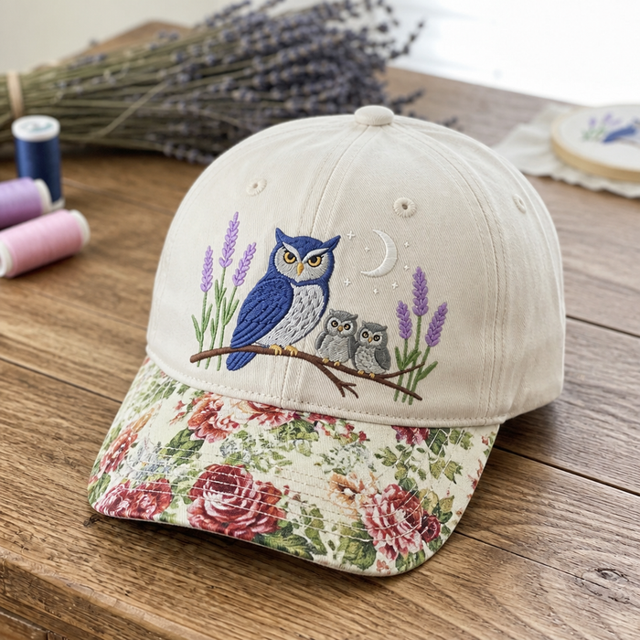 Personalized Owl Family Lavender Moon Night Branch Embroidered Floral & Leopard Brim Hat