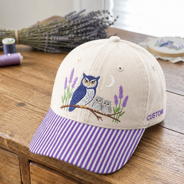 Personalized Owl Family Lavender Moon Night Branch Embroidered Gingham & Stripe Brim Hat