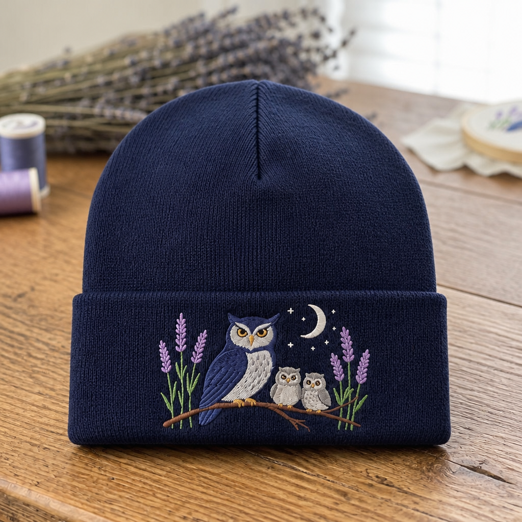 Personalized Owl Family Lavender Moon Night Branch Embroidered Beanie