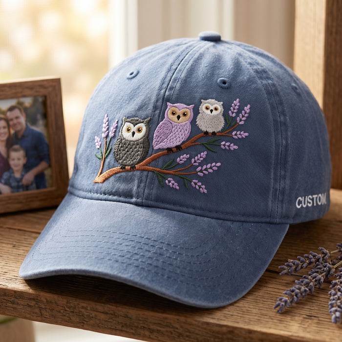 Personalized Three Owls on Lavender Branch Family Embroidered Hat