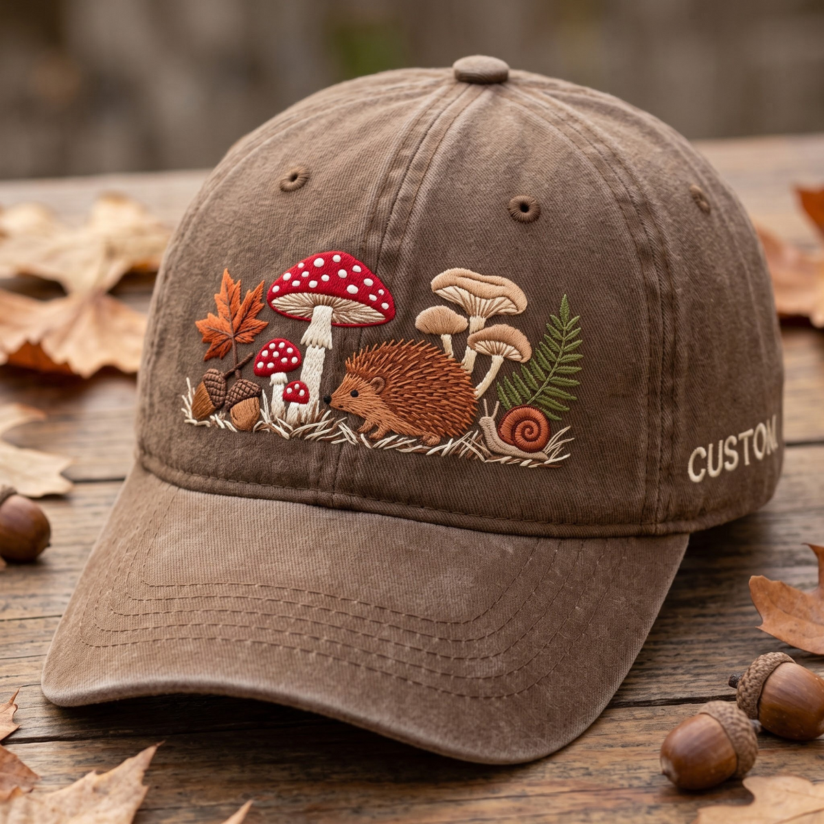 Personalized Autumn Hedgehog Mushroom Snail Forest Cottagecore Embroidered Hat — Washed Hat
