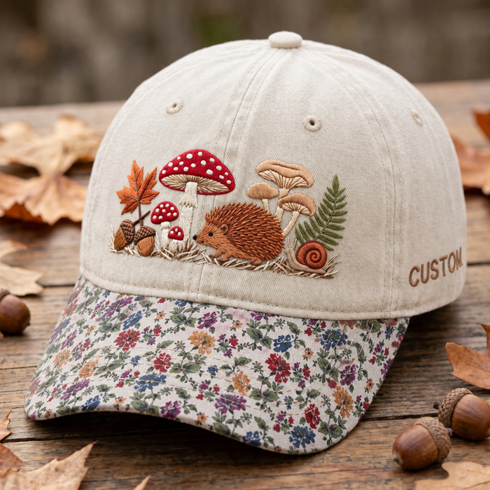 Personalized Autumn Hedgehog Mushroom Snail Forest Cottagecore Embroidered Floral & Leopard Brim Hat
