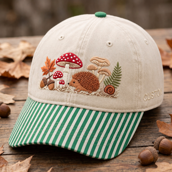 Personalized Autumn Hedgehog Mushroom Snail Forest Cottagecore Embroidered Gingham & Stripe Brim Hat