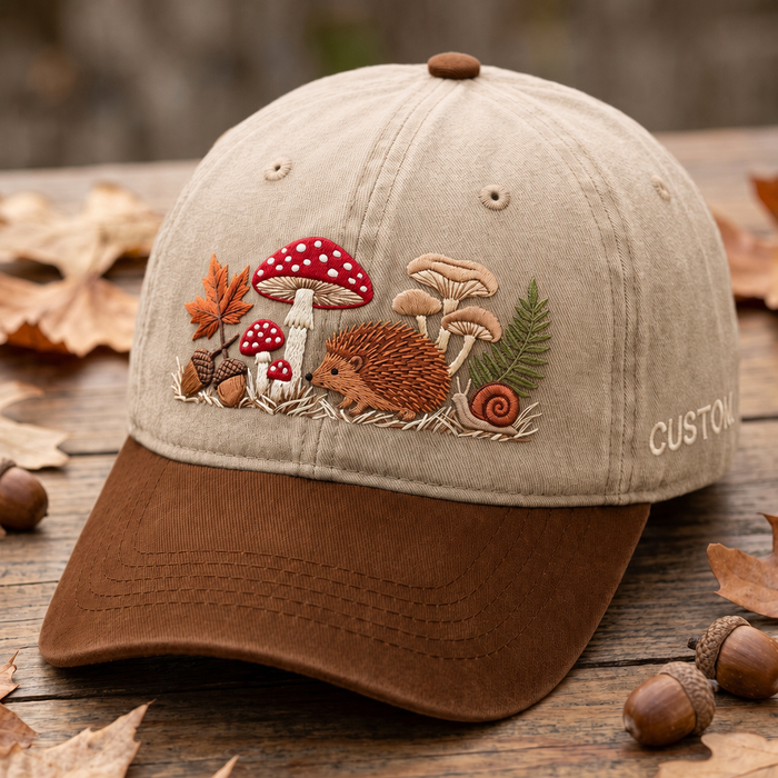 Personalized Autumn Hedgehog Mushroom Snail Forest Cottagecore Embroidered Two-Tone Hat