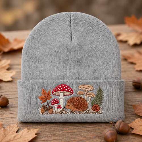 Personalized Autumn Hedgehog Mushroom Snail Forest Cottagecore Embroidered Beanie