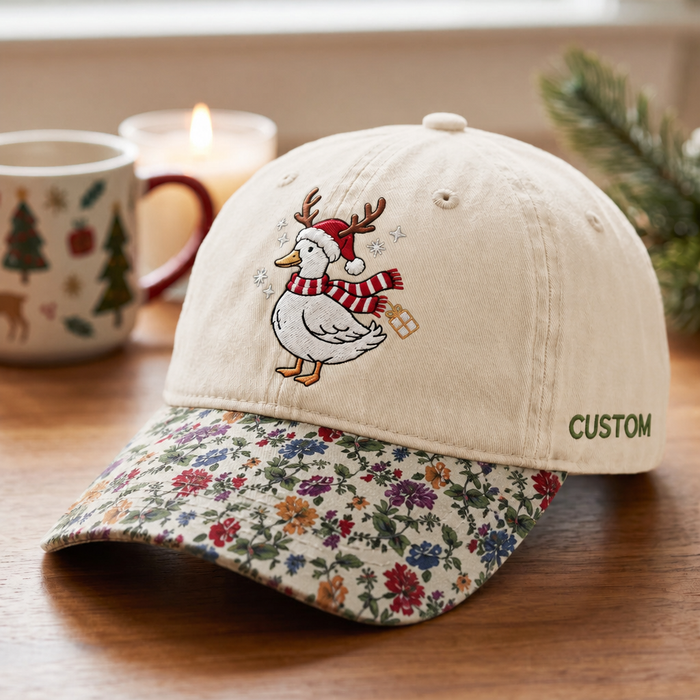 Personalized Christmas Goose Reindeer Antlers Santa Hat Scarf Gift Embroidered Floral & Leopard Brim Hat