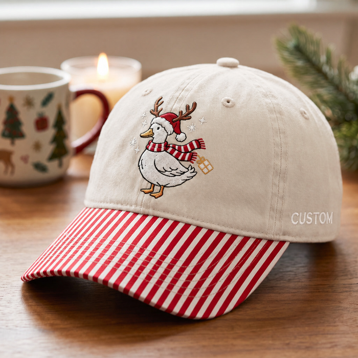 Personalized Christmas Goose Reindeer Antlers Santa Hat Scarf Gift Embroidered Gingham & Stripe Brim Hat