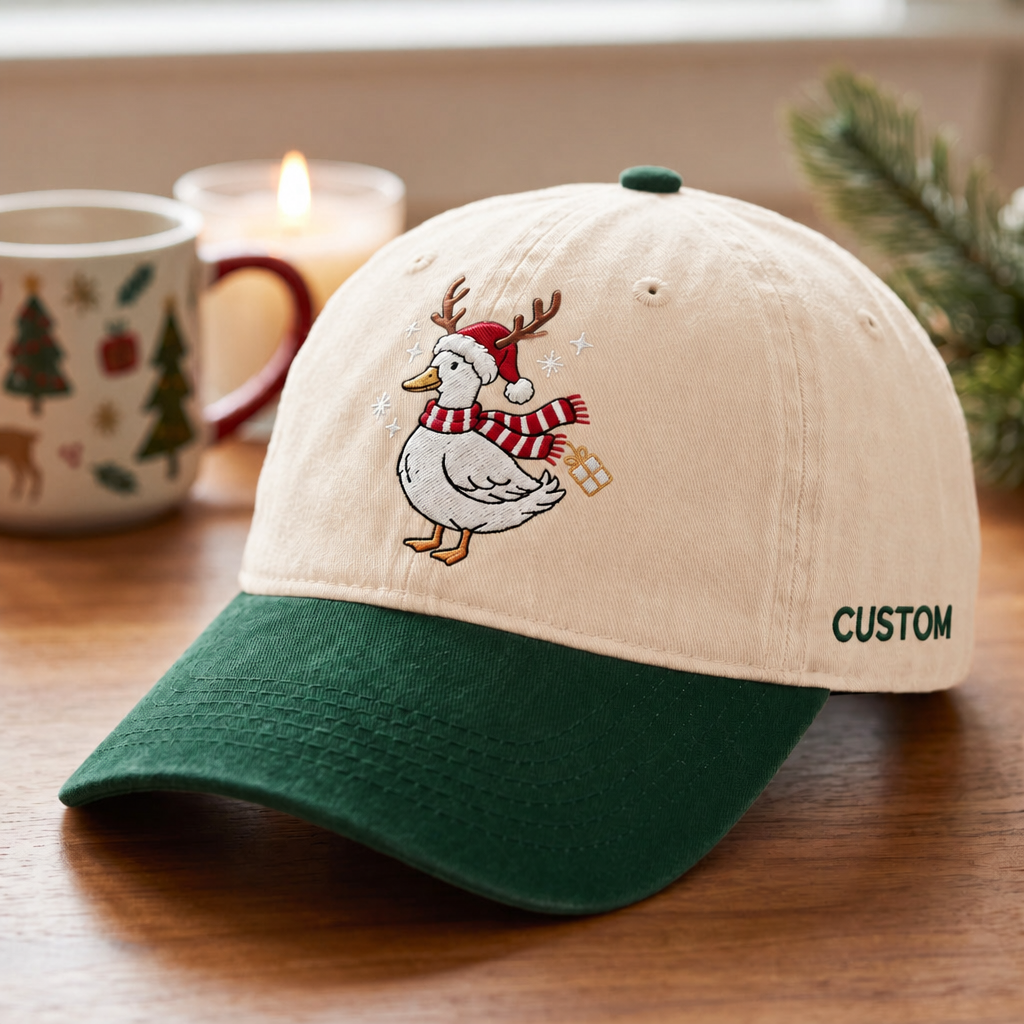 Personalized Christmas Goose Reindeer Antlers Santa Hat Scarf Gift Embroidered Two-Tone Hat