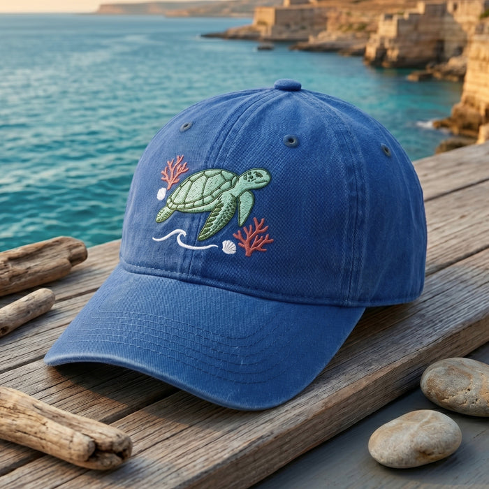 Sea Turtle Coral Shell Ocean Wave Embroidered Hat