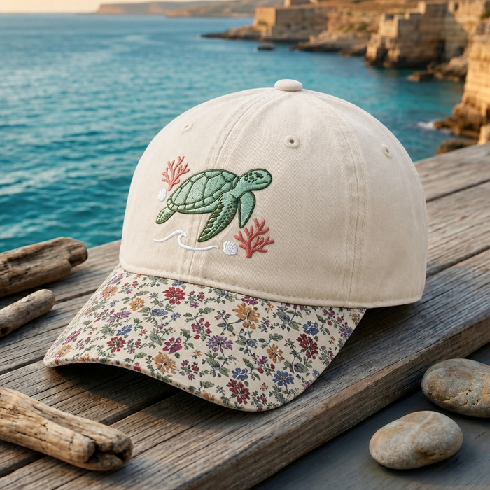 Sea Turtle Coral Shell Ocean Wave Embroidered Floral & Leopard Brim Hat