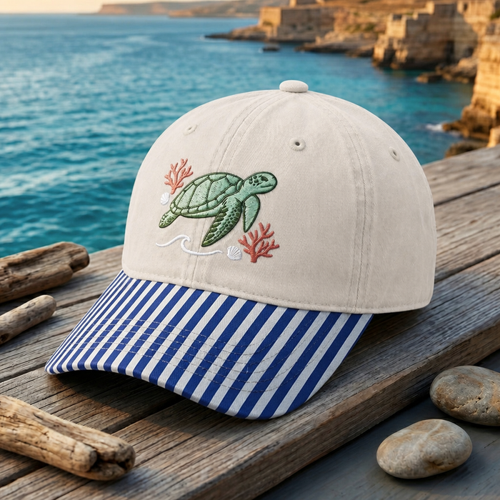 Sea Turtle Coral Shell Ocean Wave Embroidered Gingham & Stripe Brim Hat