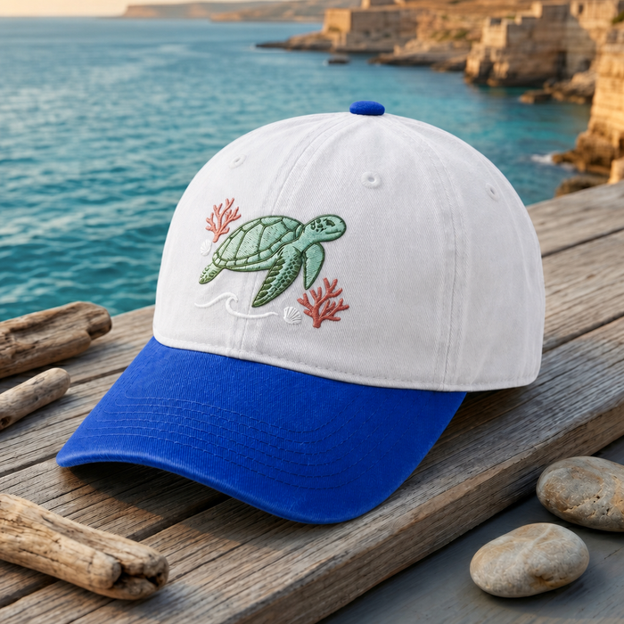 Sea Turtle Coral Shell Ocean Wave Embroidered Two-Tone Hat