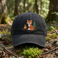 Fox Campfire Pine Tree Woodland Outdoor Embroidered Hat — Washed Hat