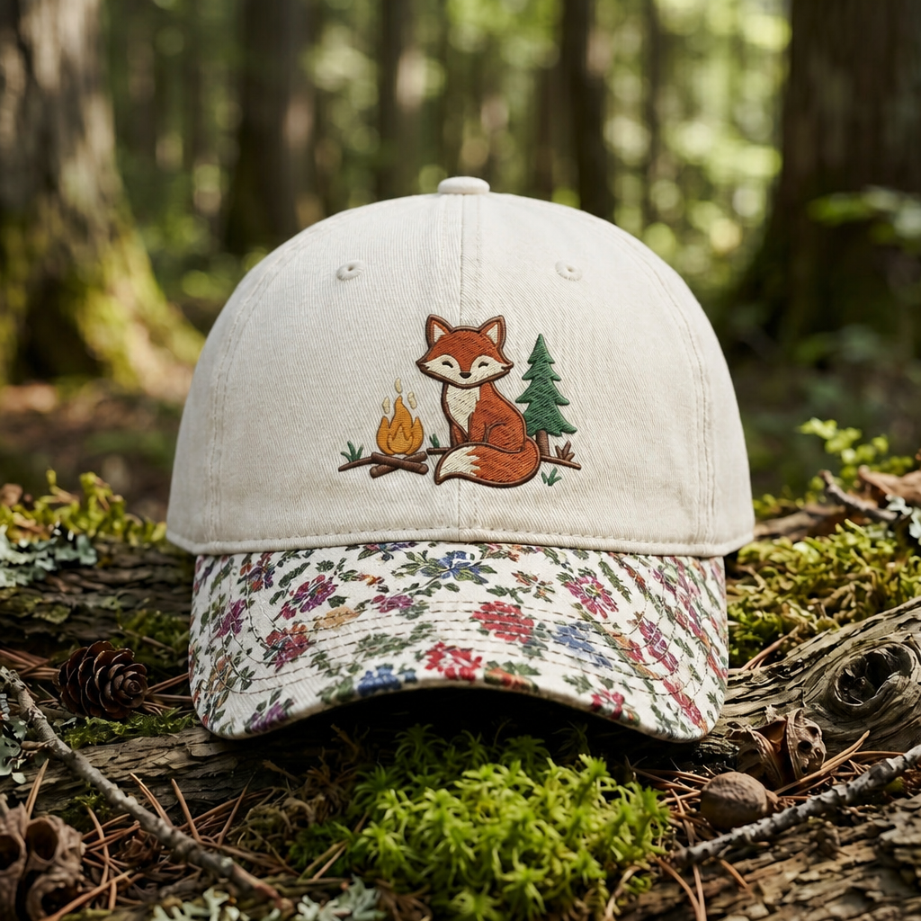 Fox Campfire Pine Tree Woodland Outdoor Embroidered Floral & Leopard Brim Hat